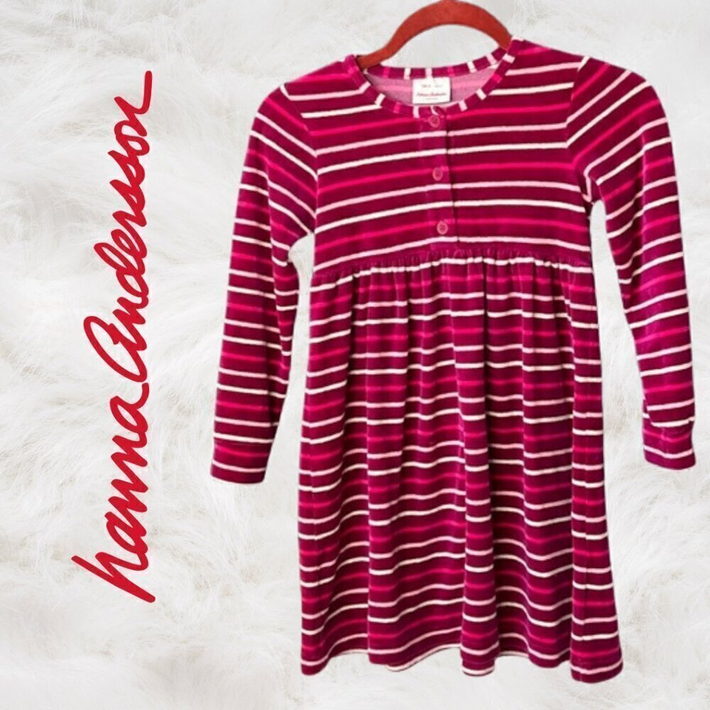 Hanna Andersson Girls Size 6-7 Pink White Dress Striped Terri Cloth Long Sleeve